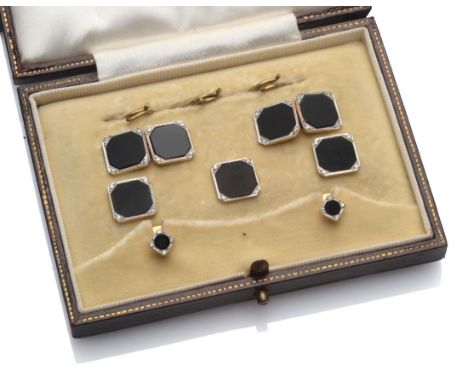 A Dress Stud and Cufflink Set, cased, a pair of cufflinks, three buttons and two collar studs of black octagonal onyx in a wh