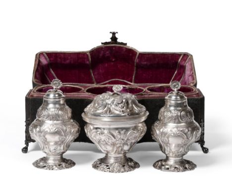 A George III Silver Tea Caddy Set with Case, Samuel Taylor, London 1767, comprising a pair of tea caddies and a covered sugar