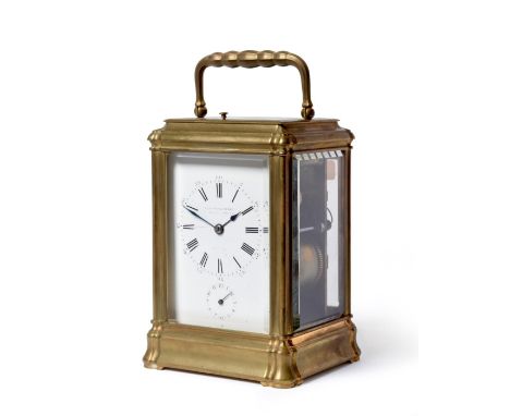 A Brass Striking and Repeating Alarm Carriage Clock, signed Klaftenberger, Paris, circa 1880, carrying handle and repeat butt