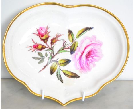 A Derby Porcelain Botanical Dessert Dish, circa 1800, painted with ''cabbage rose'' within a gilt line border, painted marks 