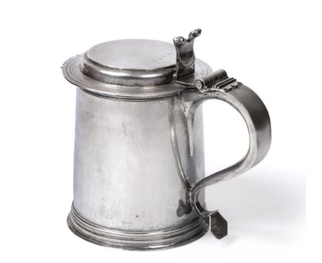 A Queen Anne Silver Tankard, Robert Timbrell, London 1703, with slightly tapering sides, double step cover with crenulated li