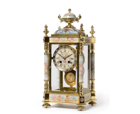 A Champleve Enamel and Porcelain Striking Mantel Clock, circa 1890, urn finial and multi-coloured champleve enamel, Sevres st