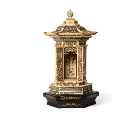 A Japanese Ivory Table Shrine, late 19th century, of hexagonal form, the pagoda shaped shrine with pierced ball finial, the p