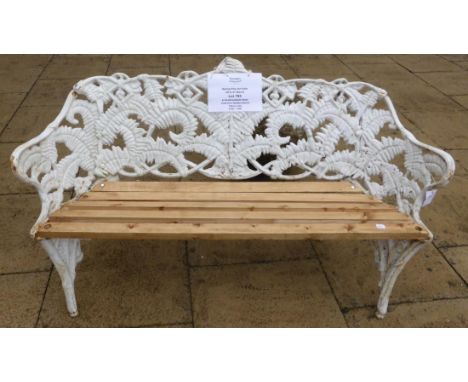 A Coalbrookdale Style Cast Iron Garden Bench, cast and pierced with ferns and strapwork, slat seat, 152cm wide 