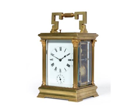 A Brass Striking and Repeating Alarm Carriage Clock, circa 1900, carrying handle and repeat button, Corinthian columns, ename