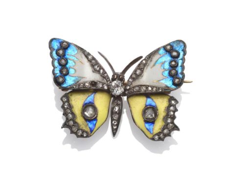 A Butterfly Brooch, probably French, circa 1900, the butterfly enamelled in blue, white and yellow, and set with rose cut and