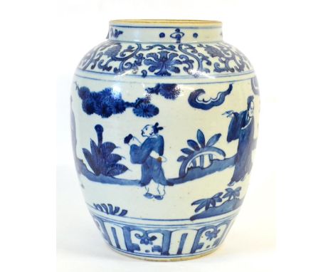 A Chinese Porcelain Ovoid Jar, 17th century, painted in underglaze blue with figures in a garden within formal scroll and pan