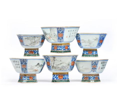 A Set of Six Chinese Porcelain Pedestal Bowls, Guangzhou, of canted rectangular form, painted in famille rose enamels with al