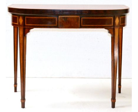 A George III Mahogany, Satinwood and Tulipwood Crossbanded Foldover Card Table, late 18th century, with green baize lined int