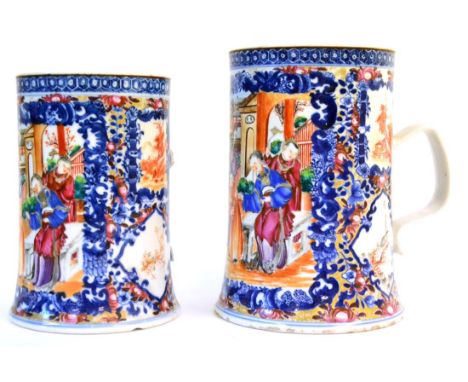 A Graduated Set of Two Chinese Porcelain Mugs, Qianlong, of slightly flared cylindrical form, painted in famille rose enamels