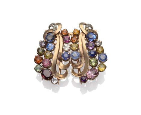 A Multi-Gemstone Double Clip Brooch, of slightly asymmetric form, each clip inset with a variety of coloured gemstones, inclu
