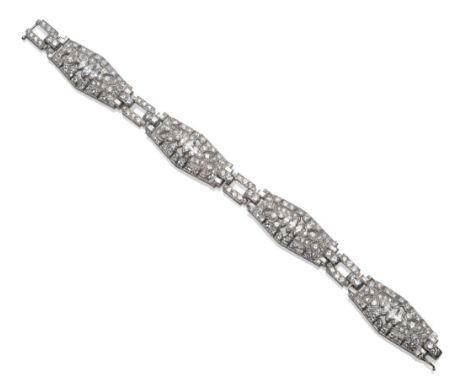 An Art Deco Style Bracelet, of plaque form, each inset with marquise cut, baguette cut and brilliant cut diamonds, in white c