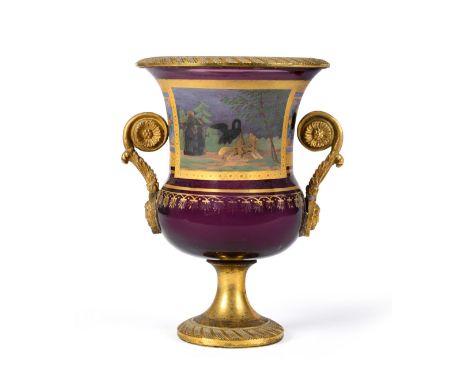 A French Ormolu Mounted Amethyst Glass Vase, 19th century, of campana form with scroll handles, painted in enamels and gilt a