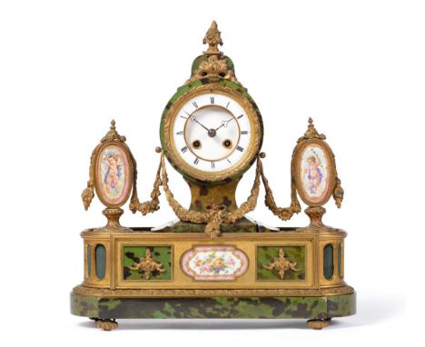 A Porcelain Mounted and Faux Tortoiseshell Striking Mantel Clock, circa 1880, green faux tortoiseshell case with floral gilt 