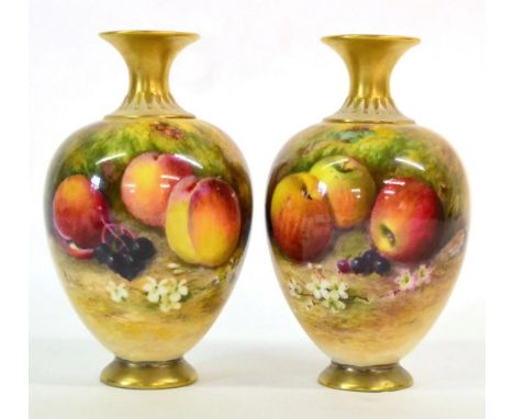 A Pair of Royal Worcester Porcelain Ovoid Vases, circa 1930, painted by William Ricketts with still lives of fruit on a mossy