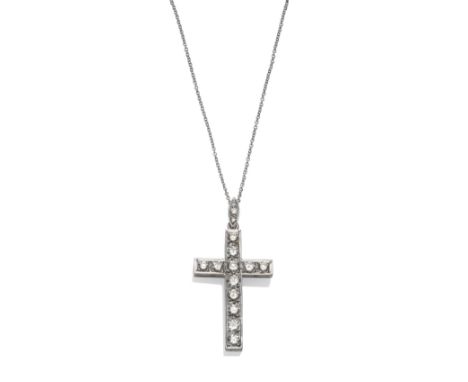 A Diamond Cross Pendant with Chain, the cross hung from a shaped pendant loop, and set with round brilliant cut diamonds, in 