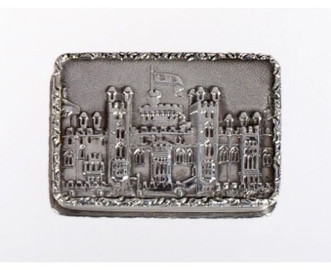 A Victorian Silver ''Castle Top'' Vinaigrette, Nathaniel Mills, Birmingham 1838, rectangular, the hinged cover with a view of