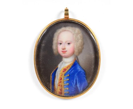English School (18th century) Portrait miniature of a young boy, wearing a wig, red waistcoat and blue jacket Oval, 4.5cm by 