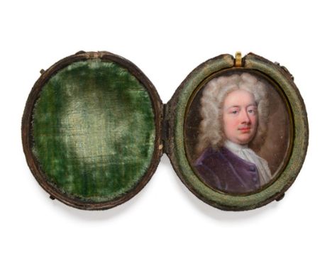 English School (18th century) Portrait miniature of a gentleman, wearing a wig, lace collar and purple velvet jacket Indistin