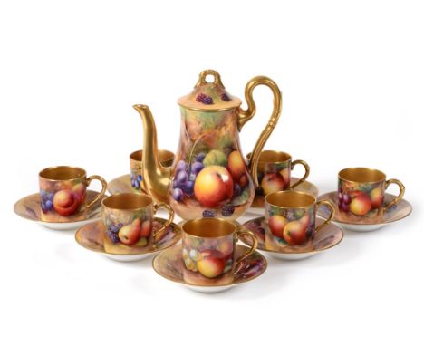 A Royal Worcester Porcelain Composite Coffee Service, 1928-1935, painted with still lives of fruit on a mossy bank, comprisin