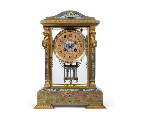 A Champleve Enamel and Green Onyx Striking Mantel Clock, circa 1900, four glass case with applied cherub mounts, multi-colour