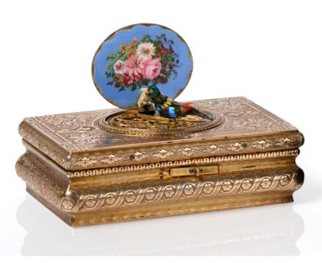 A Singing Bird Musical Automaton, late 19th century, the rectangular body of bombe profile, with engine turned and engraved g