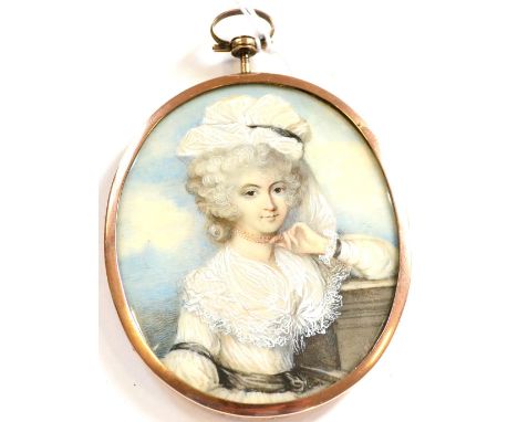 Attributed to George Engleheart (1752-1829) Portrait miniature of a lady, wearing a lace cap and collar over a white dress Ov