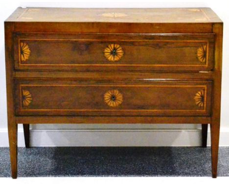 An 18th Century North Italian Walnut and Marquetry Decorated Two-Drawer Commode, raised on square tapering legs, 112cm by 52c