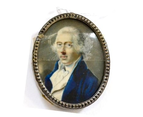 English School (early 19th century) Portrait miniature of a gentleman, wearing a white wig and blue jacket On card, oval, 6cm