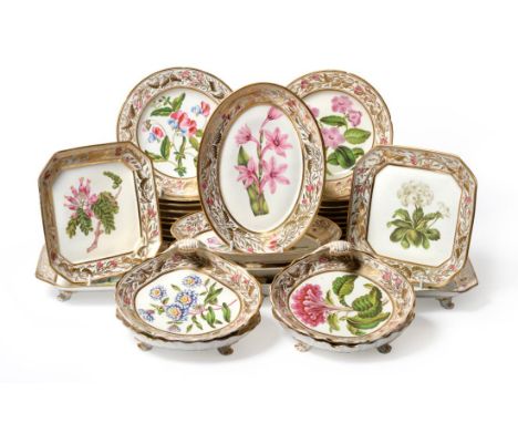 An English Porcelain Dessert Service, circa 1810, painted with named botanical specimens within broad puce and gilt foliate m