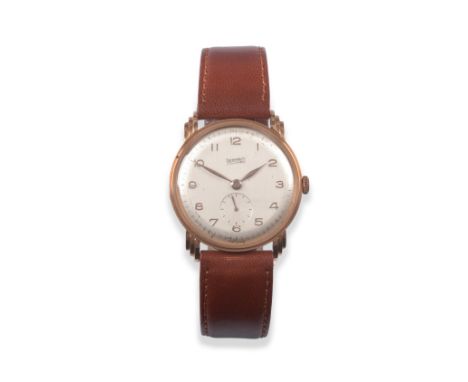 An 18ct Gold Wristwatch, signed Eberhard, circa 1955, lever movement, silvered dial with Arabic numerals, subsidiary seconds,