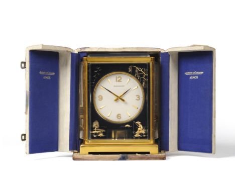 An Atmos Clock, signed Jaeger LeCoultre, model: Marina Chinese harbour, 20th Century, black perspex panels depicting a Chines