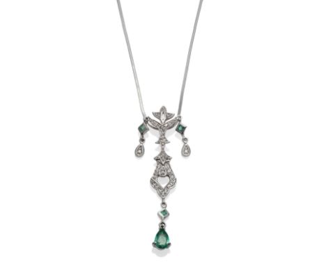 An Emerald and Diamond Pendant on Chain, the drop pendant set with diamonds, and a pear cut and step cut emeralds inset, drop