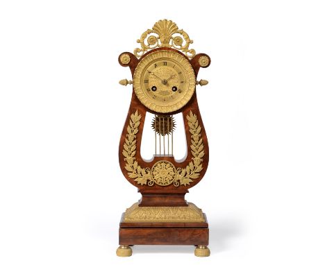 A French Lyre Shaped Striking Mantel Clock, circa 1890, floral and scroll decorated gilt metal mounts, base with acanthus lea