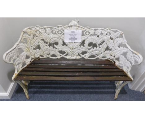 A Coalbrookdale Style Cast Iron Fern Bench, white painted with wooden slat seat, on foliate sheathed supports, 140cm wide 