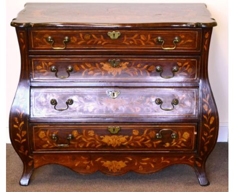 A 19th Century Dutch Mahogany and Floral Marquetry Bombé Commode, with four graduated drawers above a wavy shaped apron, 100c