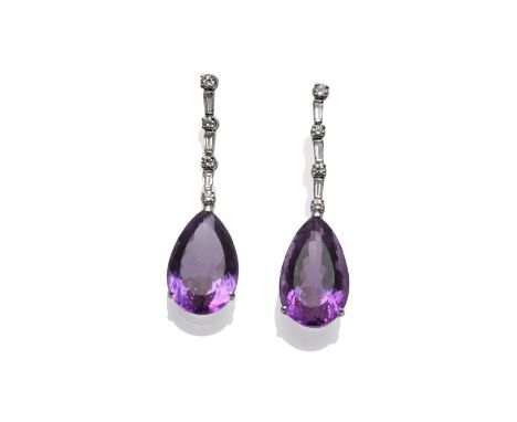 A Pair of 18 Carat White Gold Diamond and Amethyst Drop Earrings, alternating round brilliant cut and tapered baguette cut di