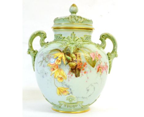 A Royal Worcester Porcelain Pot Pourri Vase and Cover, 1894, of ovoid form with conical knop and scroll handles, painted with