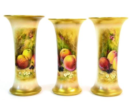 A Matched Set of Three Royal Worcester Porcelain Beaker Vases, 1926, 1927 and 1931, painted by William Ricketts with vignette