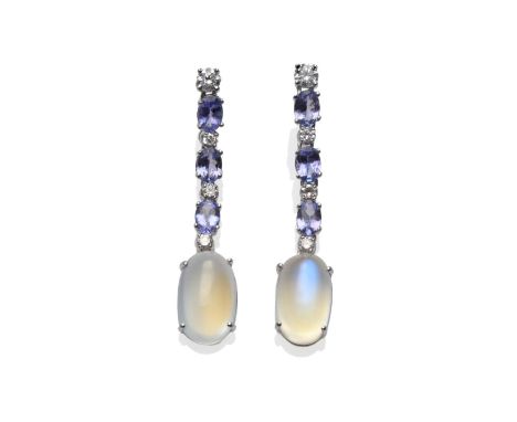 A Pair of 18 Carat White Gold Diamond, Tanzanite and Moonstone Drop Earrings, round brilliant cut diamonds alternate with ova