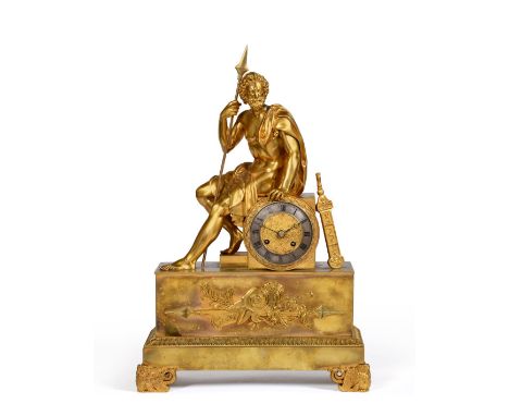 An Ormolu Striking Mantel Clock, circa 1830, case depicting a seated bearded man in robes holding a spear, base with acanthus