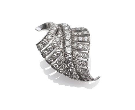 A Diamond Leaf Brooch, the leaf form inset with round brilliant cut diamonds, total estimated diamond weight 2.50 carat appro