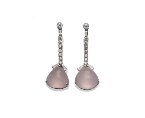 A Pair of 18 Carat White Gold Diamond and Rose Quartz Drop Earrings, round brilliant cut and baguette cut diamonds suspend a 