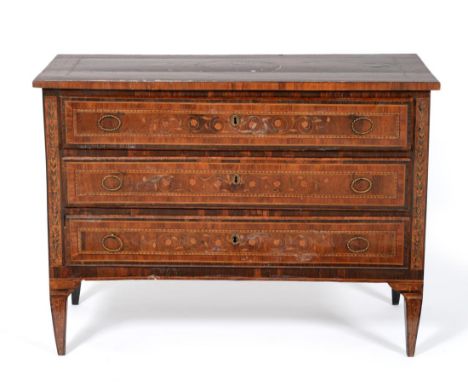 A North Italian Walnut, Tulipwood, Rosewood and Marquetry Three Drawer Commode, Lombard, circa 1800, richly decorated with tr