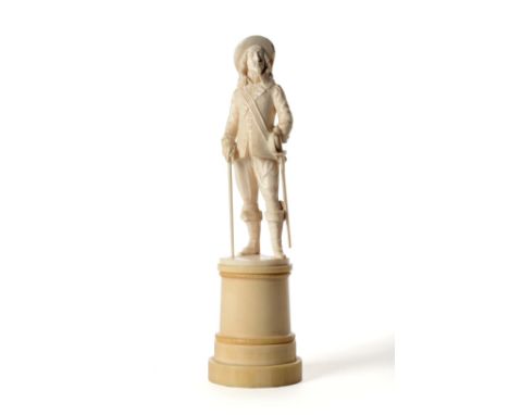 A French Carved Ivory Figure of a Cavalier, 19th century, depicted wearing a plumed hat, tunic, sword and stick, on turned iv