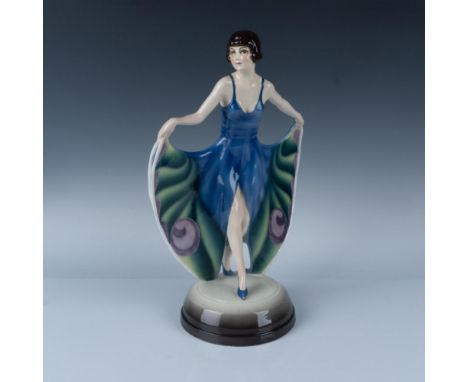 Designed by Josef Lorenzl, a figure of a woman in a butterfly wing dress. Blue, green, and purple colorations. Goldscheider W