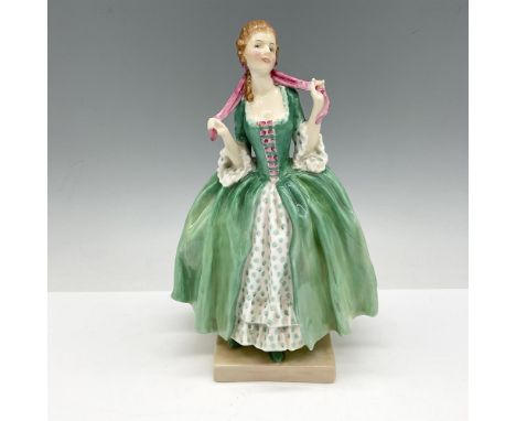 This Harradine Classic figure is colored in green holding a pink sash that matches front bodice of dress. Royal Doulton backs