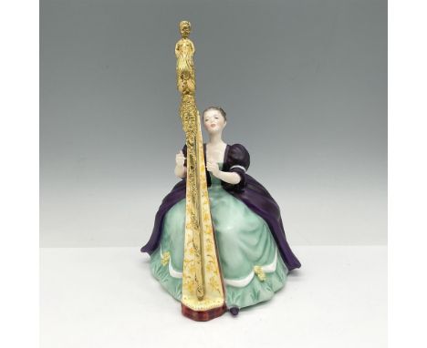 Limited edition figure is part of the Lady Musicians series. Harpist is dressed in purple long jacket over pale green gown ad