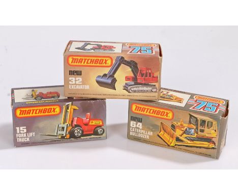 Matchbox Caterpillar Bulldozer 64, Fork Lift Truck 15, Excavator 32, all boxed (3)