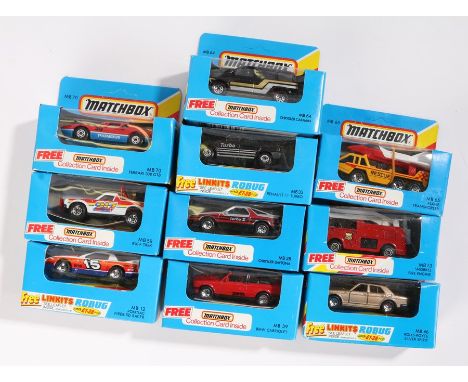 Ten Matchbox model cars, to include Snorkel Fire Engine, Pontiac Firebird Racer, Rolls Royce Silver Spirit, on unpunched card